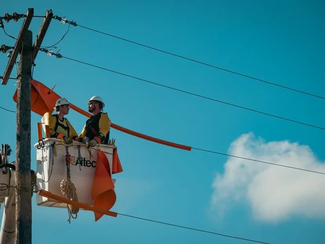 FAM-szerelők emelőkosárban végzik a feszültség alatti szerelést
